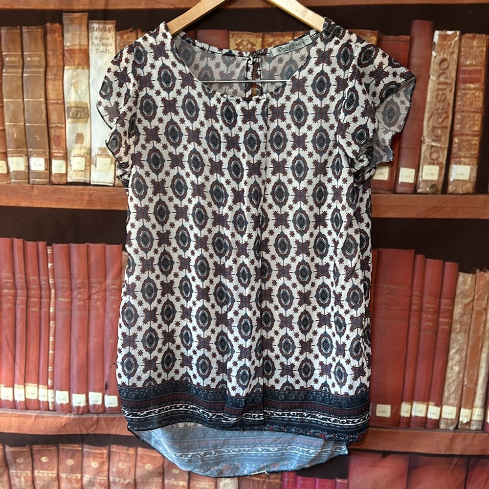 Elena Baldi Made Italy Mixed Medallion Print Flutter Sleeve Blouse L